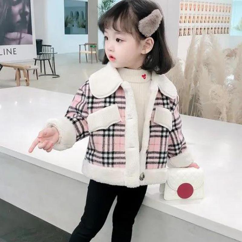 Girls' Woolen Plaid Bear Coat Autumn and Winter Thickened Western Style Blouse Girls Children's Fashion All-match Cotton Jacket