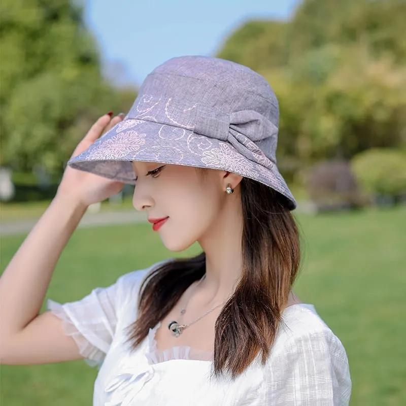 Women's Cotton Bucket Hat Rose Flower Bow Sunscreen Sun Hat Spring Adjustable Hat Breathable Vintage Fisherman Hat Basin Hat