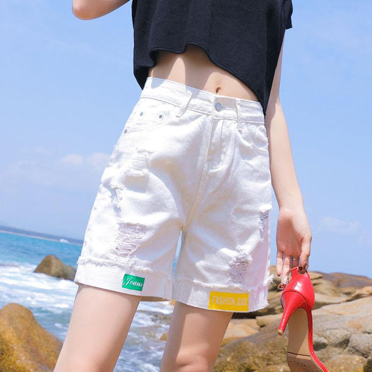 WTEMPO White Denim Shorts Women's Five-point Pants High Waist Straight Summer Loose Loose Hole Pants