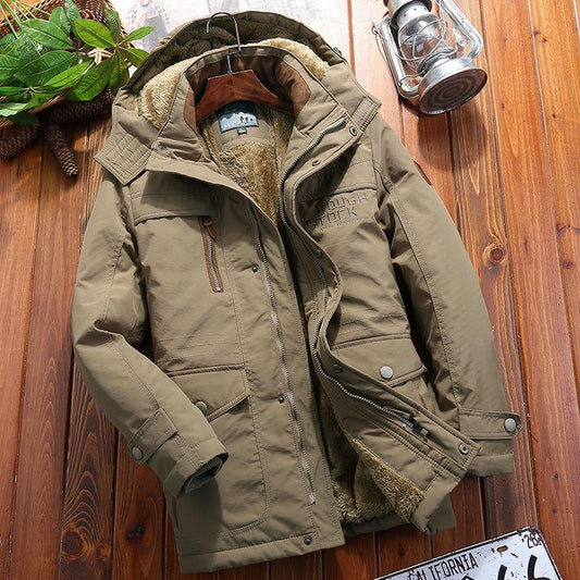 Plush Padded Jacket Men's Mid-length Multi-pocket Cotton-padded Jacket Down Jacket Winter