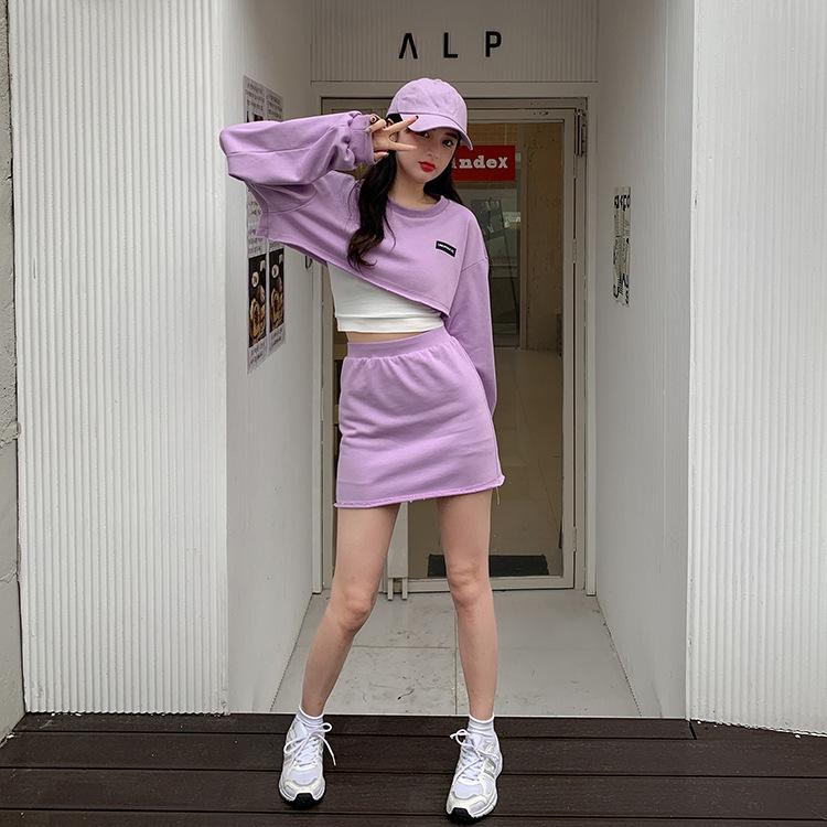 2PCS Personality Short Suit Letter Casual Sports Style Athletic Girl Long Sleeve Ultra Short Sweater Women + Hip Skirt Two-piece Set