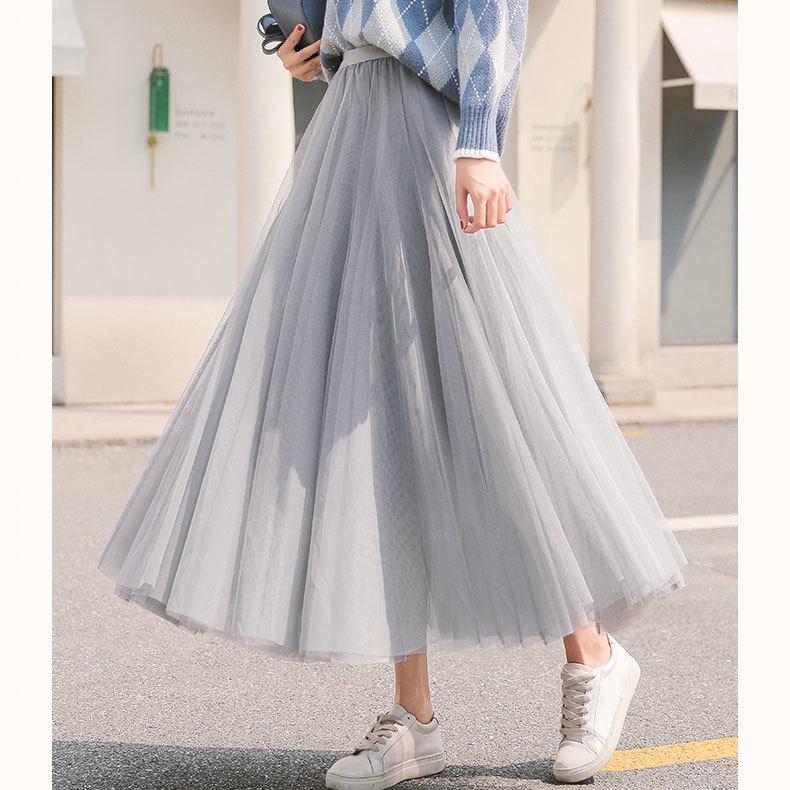 Mesh Skirt Skirt Women's Spring and Summer Pleated Skirt A-line Skirt Mid-length Skirt All-match Princess Skirt