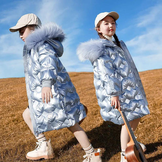 Girls' Warm and Windproof Down Padded Jacket Mid-length Girls Plus Velvet Thickened Children's Clothing