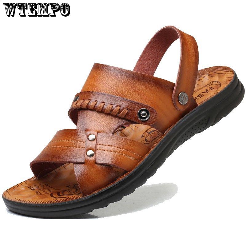 Summer Sandals Men Leather Classic open-toed Slipper Outdoor Beach Rubber Summer Shoes