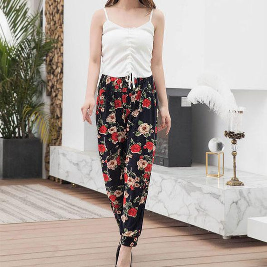 Women's Summer and Autumn Large Size Pants Loose Printed Jogger Pants High Waist Thin Casual 2pcs Cropped Pants