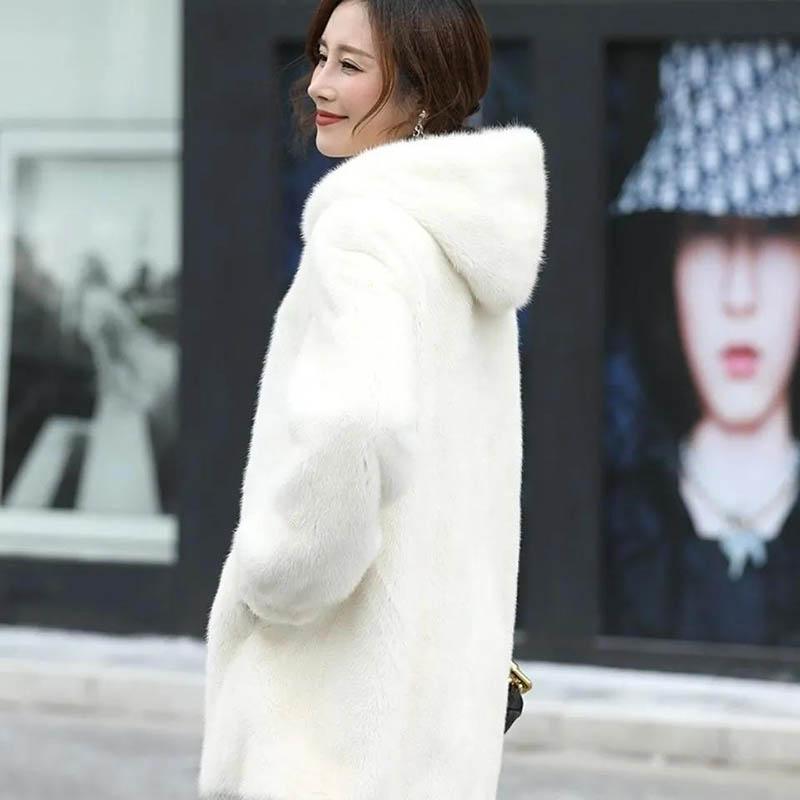 WTEMPO Winter Mink Fur Coat Female Imitation Mink Fur Coat Whole Mink Mid-length with Hood