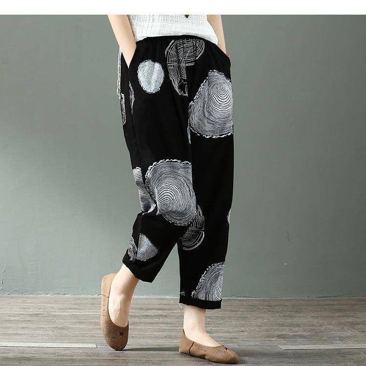 Women's Large Size Haren Pants Thin Breathable Retro Cropped Pants Loose Cotton Printed Summer Casual Women's Pants