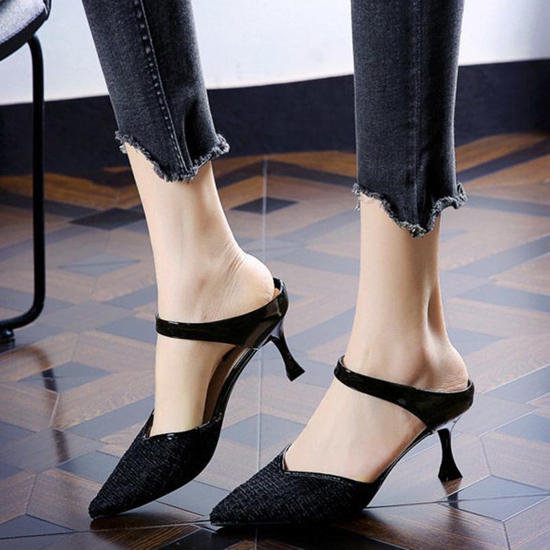 Korean Version of Baotou Mid-heel Breathable Mesh Fairy Sandals Pointed Toe Stiletto High Heels Women Slippers