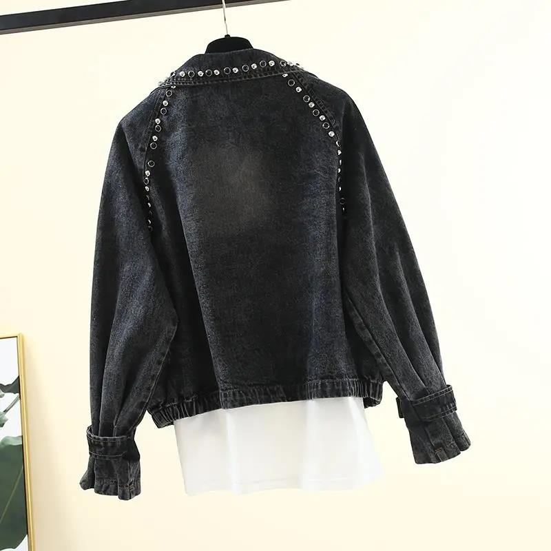 Spring and Autumn Korean Version Loose Large Size Student Beading Retro Motorcycle Denim Jacket Female Jacket