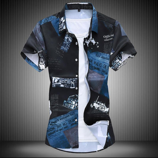 Summer Men's Short-sleeved Floral Shirt Stretch Digital Printing Plus Fertilizer To Increase Youth Casual Short-sleeved Floral Shirt