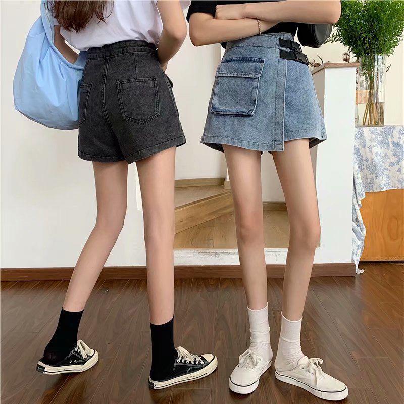 WTEMPO Big Pocket Irregular High Waist Denim Shorts Women Loose Wide Leg A-line Casual Shorts