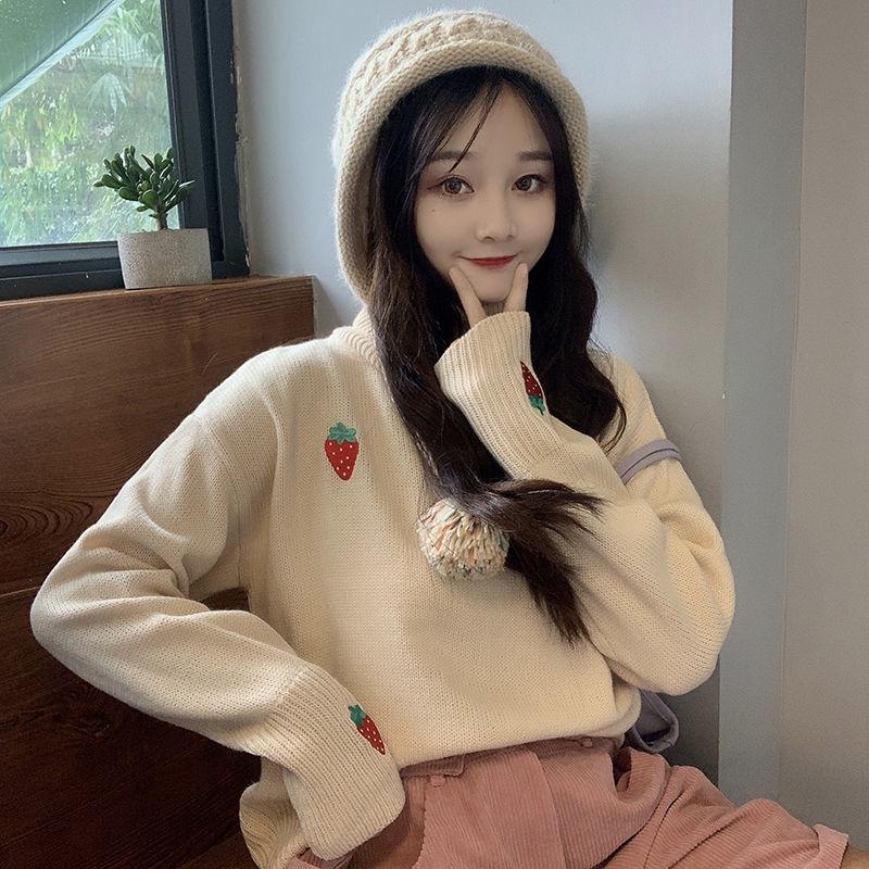 Autumn and Winter Fashion Loose Jacket Strawberry Embroidery Turtleneck Top Sweet Style Cute Female Sweater