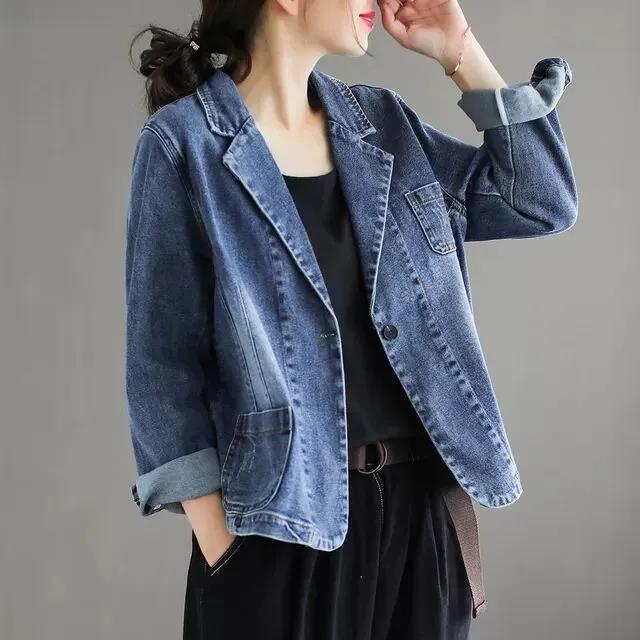 Denim Suit Jacket Women's Spring and Autumn Literary Retro Denim Top Loose Casual Jacket