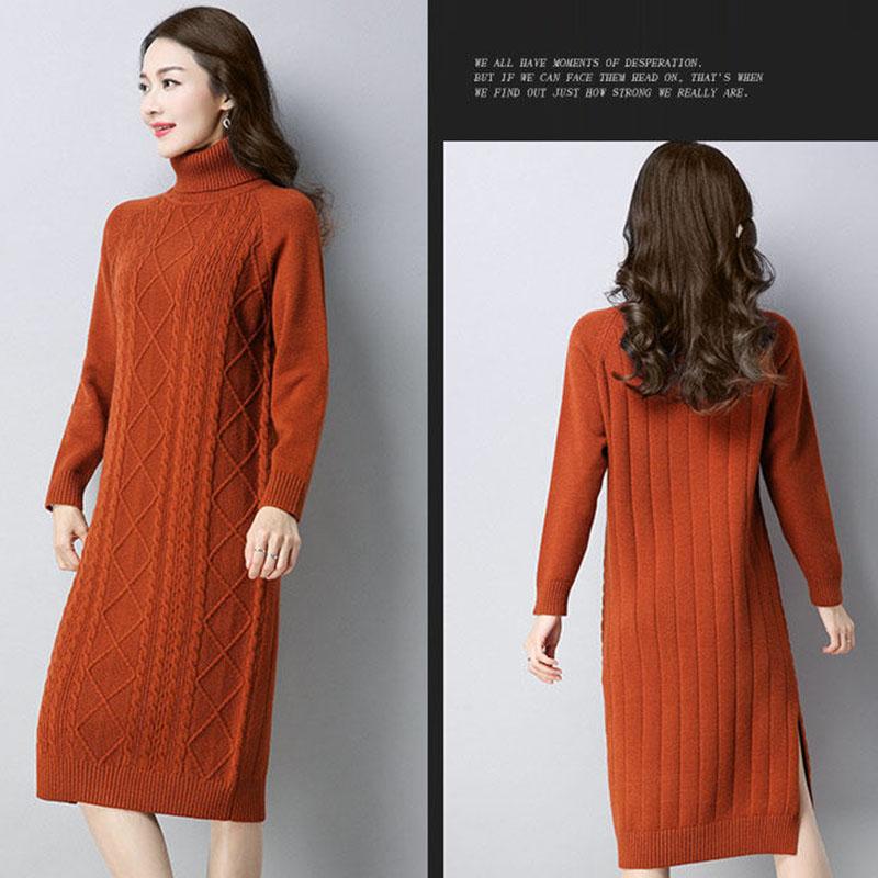 Autumn and Winter Thick Mid-length Sweater Dress Slim High Neck Knitted Bottoming Shirt Fashion Solid Color Women Sweater Dress