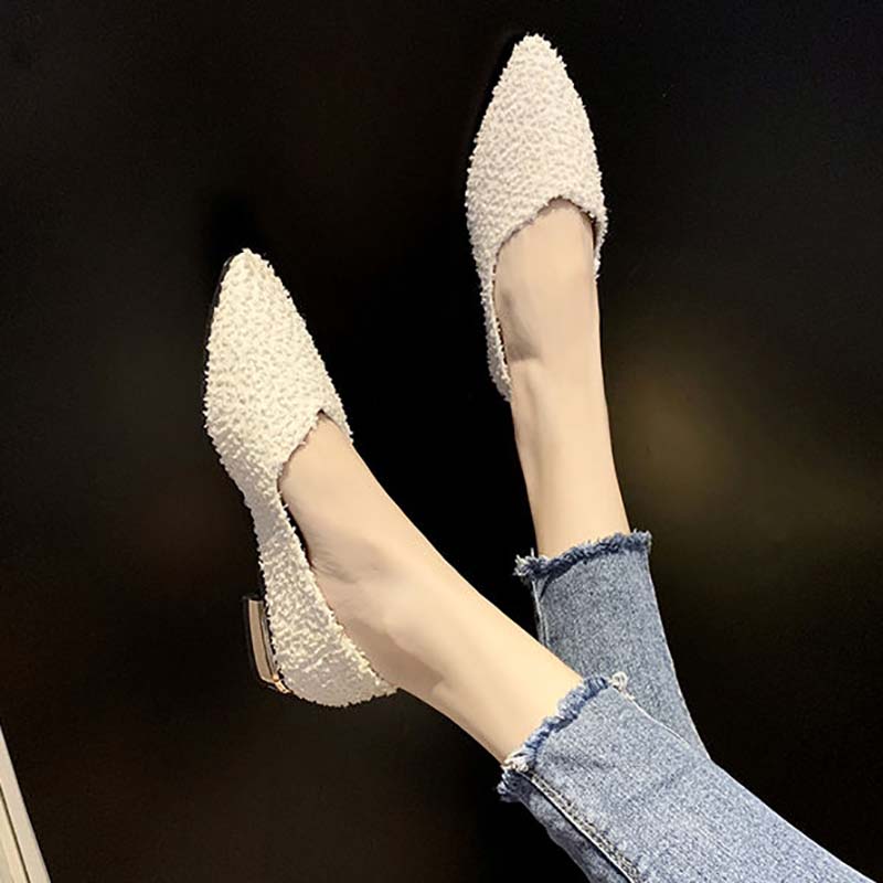 Low-heeled Shoes Spring Single Shoes Female Students Korean Version of All-match Pointed Toe Shallow Mouth Pedal Thick Heel Peas Shoes