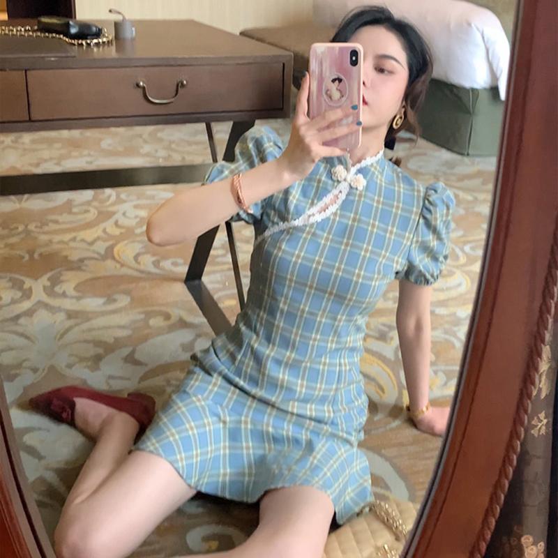 Improved Version of Cheongsam Female Summer Puff Sleeve Retro Plaid Dress with Waist and Thin Temperament Chinese Style