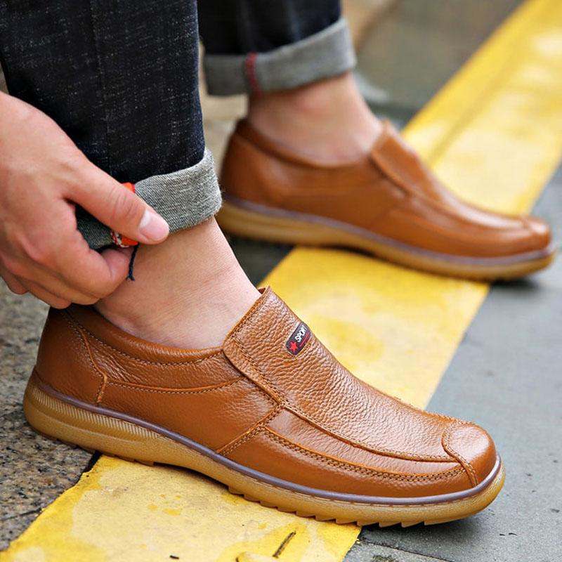 Men's Shoes Genuine Leather Tendon Sole Leather Shoes Spring Men's Casual Shoes Leather Handmade Shoes Middle-aged and Elderly Dad Shoes