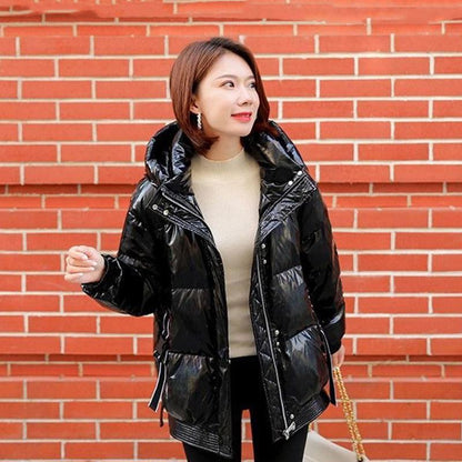 Women's Winter Korean Loose Quilted Coat Warm Stand-collar Down Jacket Women's Glossy Mid-length Down Jacket