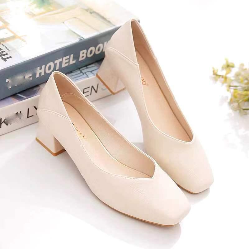 High-heeled Leather Single Shoes Women's Thick-heeled Square-toe Shallow Mouth Work Shoes Soft Leather Slip-on High-heeled Shoes