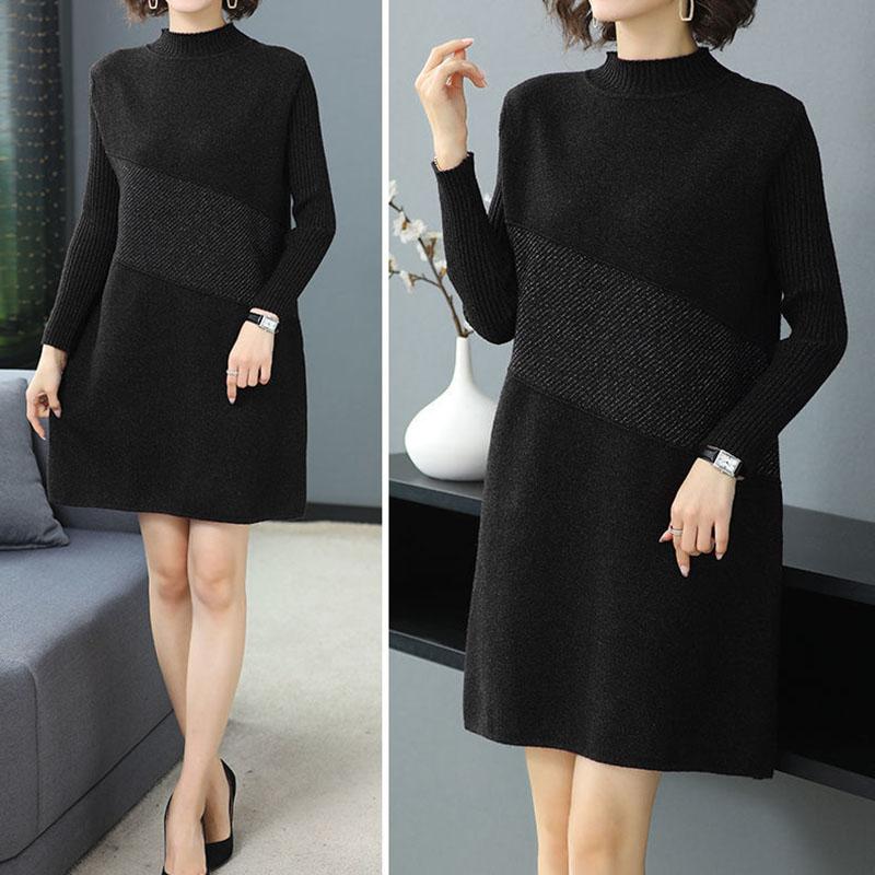 Autumn and Winter Plus Size Knitted Bottoming Skirt Simple Casual Dress Half High Collar Solid Color Middle-aged Women Sweater Dress