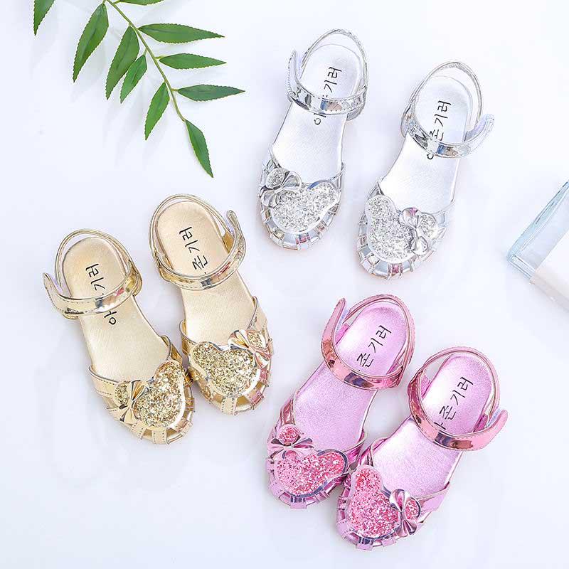 Summer Girls Flat Sandals Flash Children Girls High Heels Bow Leather Shoes Kids Dance Shoes Princess Wear-resistant Non-slip Sandals Size 21-36