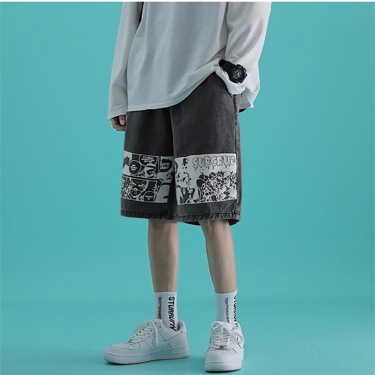 Printed Denim Shorts Men's Loose Casual Trend Wide-leg Straight Five-point Pants Summer Tide Brand Handsome All-match Pants