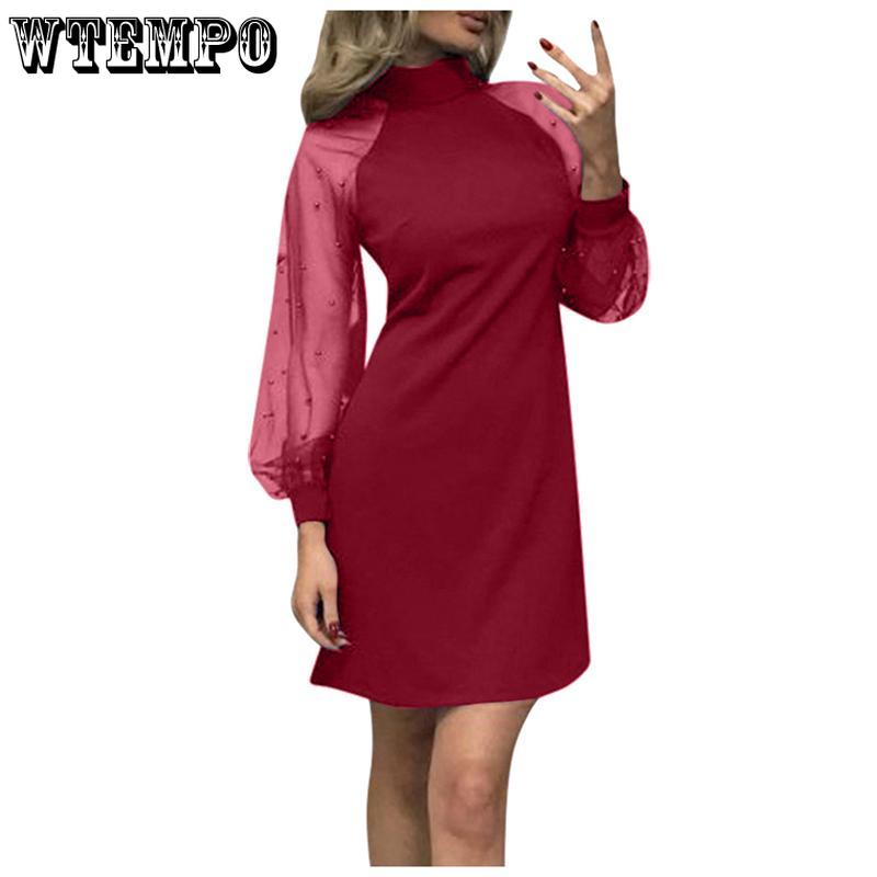 Elegant Womens Dress Pearl Beading Mesh Tunic Dress Long Sleeve A-Line Mini Party Dress