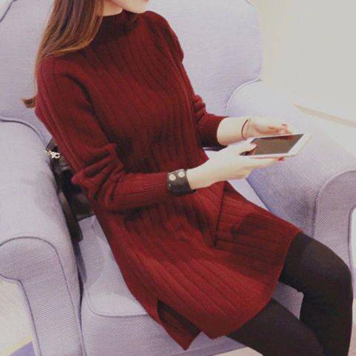 Women Round Collar Warm Pullover Sweater Dress Stripe Knitted Bottoming Shirt Knit Dress