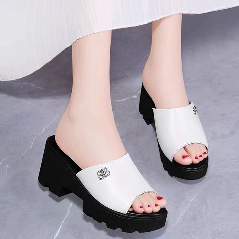 Thick-heeled Slippers Women's Summer Thick-soled Outer Wear Mid-heel All-match Fish Mouth Sandals High-heel Sandals and Slippers Lightweight