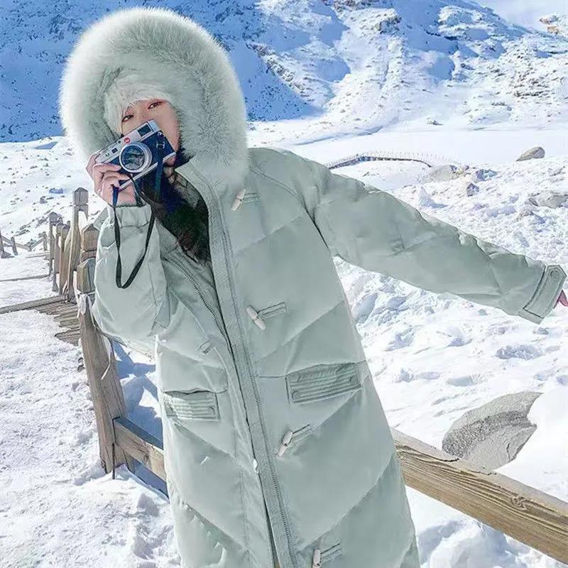 Ladies Down Jacket Winter Fashion Big Fur Collar Hooded Jacket Thick and Cotton Warm Mid-length Jacket