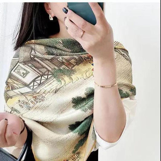 Chinese Painting Style Scarf Flower Wrap Shawl Silk Imitation Satin Women Elegant All-match Headscarf Sunscreen Gauze Shawl