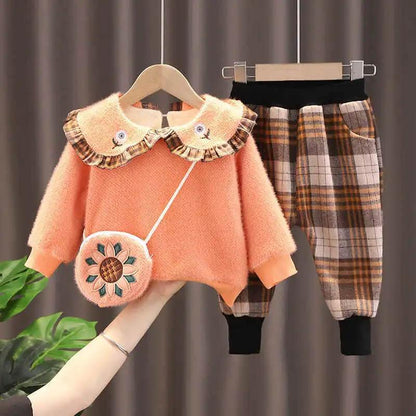 Girls Suits Warm Children's Clothes Girls Autumn and Winter Comfortable Casual Children's Clothing Plaid Pants Lapel Doll Clothes Two-piece Set