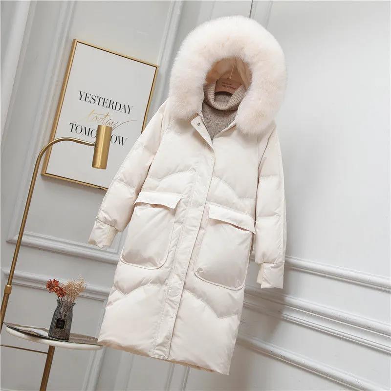 Down Jacket Winter Korean Fashion Big Fur Collar Mid-length Hooded Thick Warm Large Size Jacket Suitable for Women