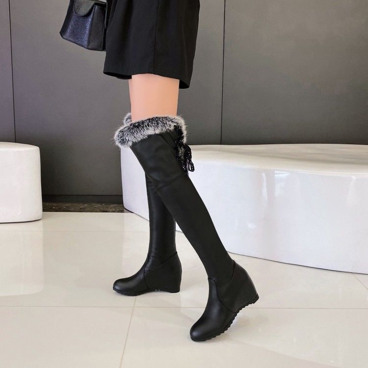 Inner Increased Wedge Over The Knee Boots Women Autumn  Winter Snow Boots Stretch High Boots Plus Velvet Leather Thigh High Boots