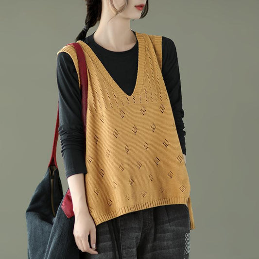 Literature and Art Retro Sweet Wind Hollow Knitted Woolen Waistcoat V-neck Pullover Ladies Sleeveless Waistcoat Jacket