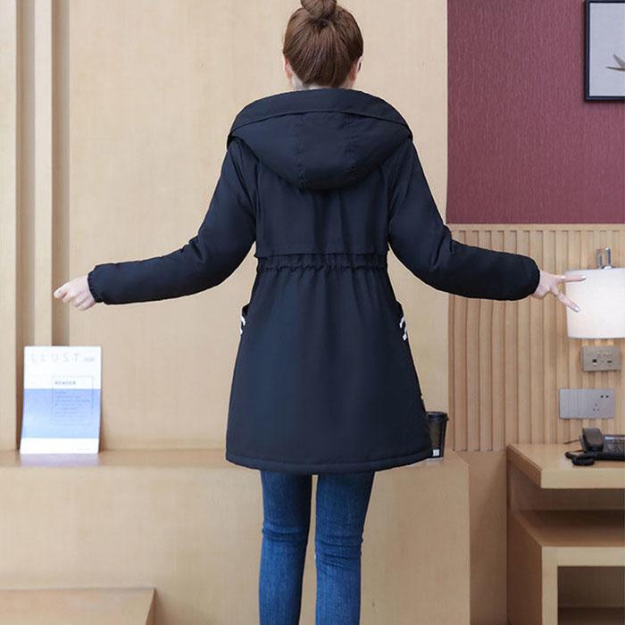 Autumn Winter Women Thickened Hooded Parka Jacket Casual Loose Drawstring Plus Velvet Windbreaker Jacket Warm Parka Coat