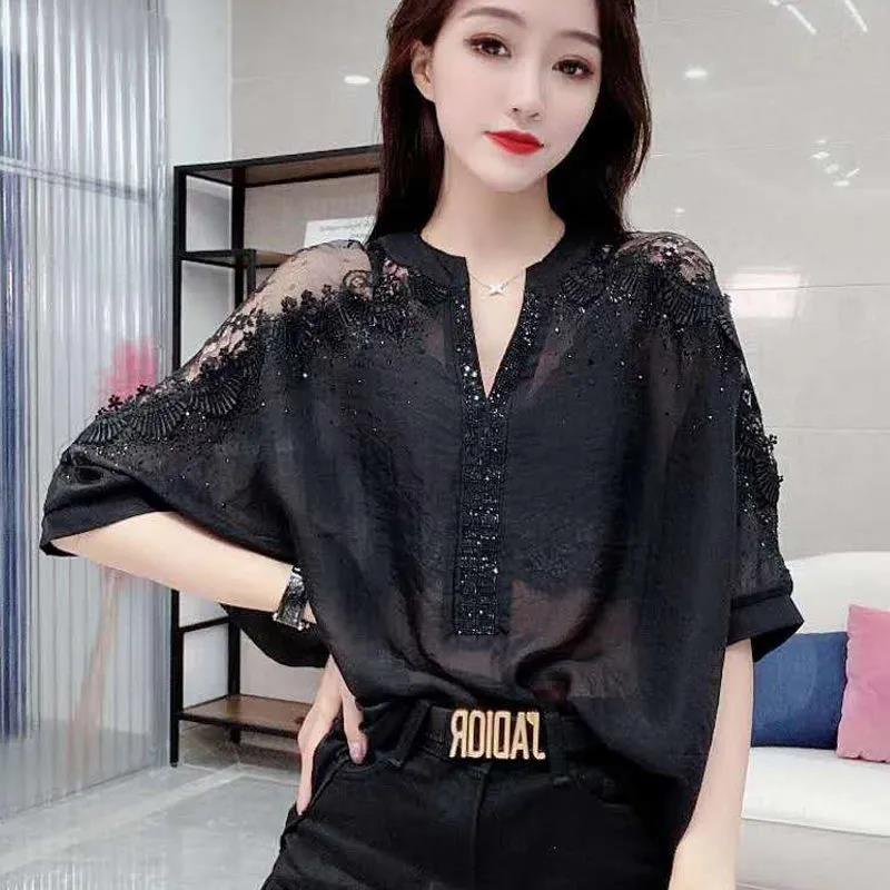 Ladies Chiffon Blouses Translucent Top Lace Strapless Blouses Shirt Bat Shirt V Neck Blouses Ladies Rhinestone Blouses Cool Breathable Blouses