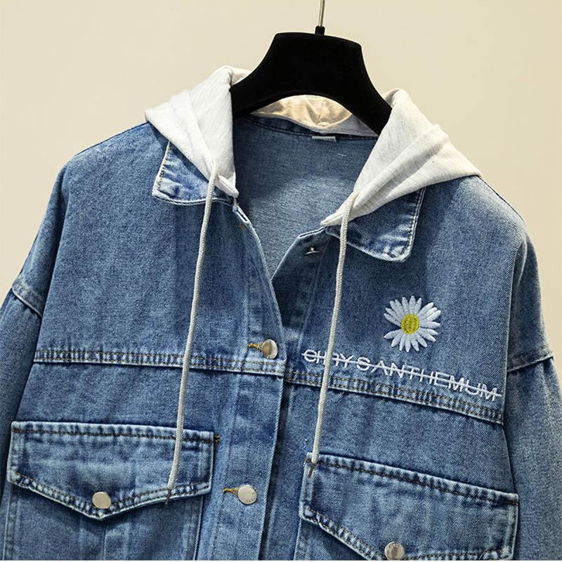 Autumn Style Detachable Cap Embroidered Daisy Denim Jacket Female Loose Student Jacket Top