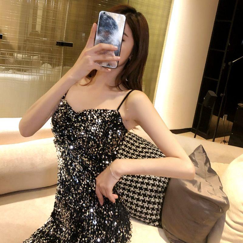 Women's Summer Open Back Solid Color Slim Fit Flash Sequin Suspender Hip Wrap Short Dress