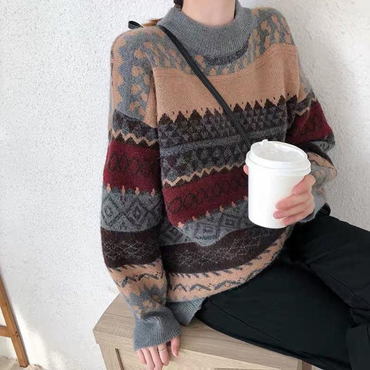 Vintage Geometric Pattern printed Sweater Women Loose Casual Pullover Sweater Top Students All-match Knitwear Outer Wear