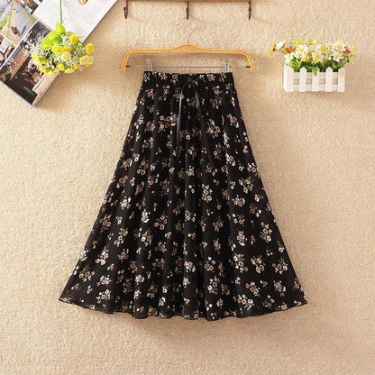 Chiffon Elastic Waist Pleated Floral Skirt Summer Women's High Waist Mid-length A-line Draping  Fairy Dress