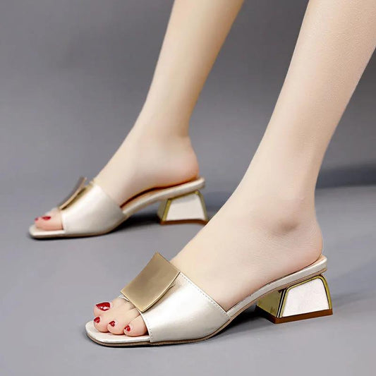 Slippers Women Are Thin Korean Version of All-match Summer Outer Wear Thick Heel Square Buckle Open Toe High Heel Sandals and Slippers