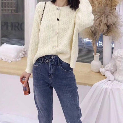 Personalized High-waist Knitted Cardigan Autumn and Winter Casual Solid Color Sweater