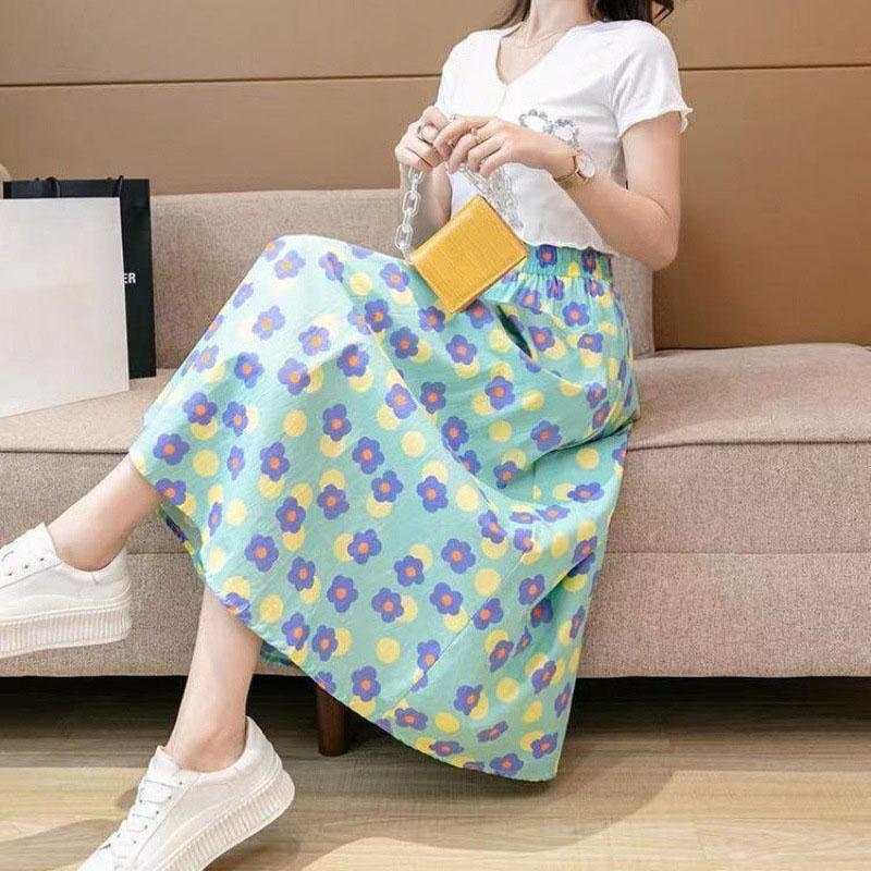 Women Skirts Female Summer Casual A-line Skirt Thin Elastic High Waist Skirts Vintage Loose Long Chiffon Floral Skirt