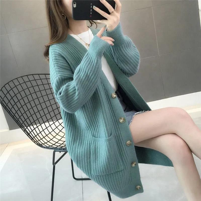 Knitted Cardigan Mid-length Loose Sweater Coat Women's Spring and Autumn Thickened Coat