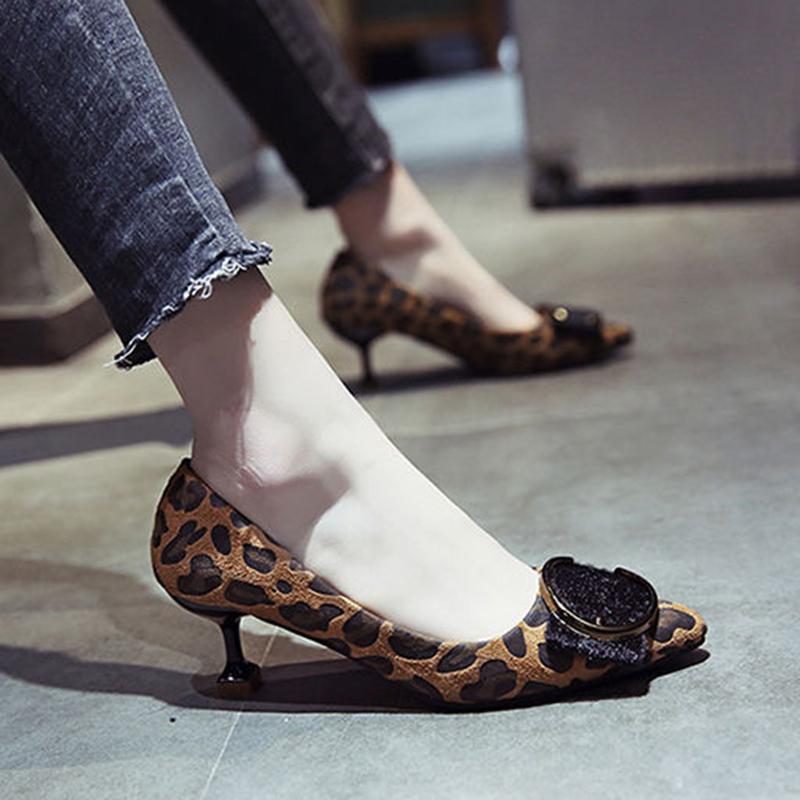 Spring Korean Style Pointed Toe Leopard High Heels Suede Shoes Temperament Shallow Mouth All-match Stiletto Heels