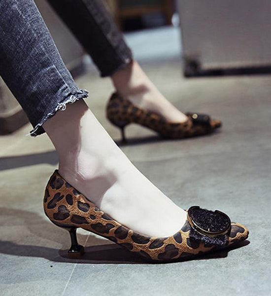 Spring Korean Style Pointed Toe Leopard High Heels Suede Shoes Temperament Shallow Mouth All-match Stiletto Heels