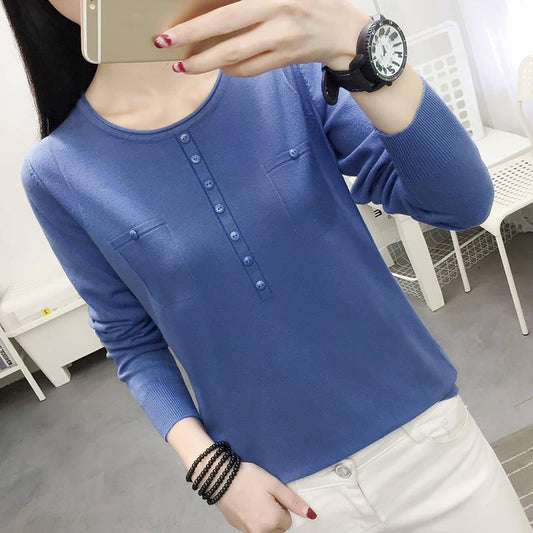 Women Button Low Collar Long Sleeve Pullover Sweater Slim Office Bottom Shirt Sweatshirts