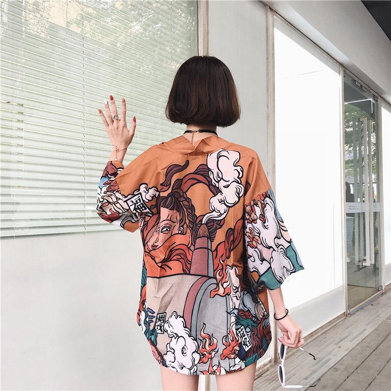 Comic Print  Cardigans Japanese Kimono Cardigan Woman Thin College Streetwear Sunscreen Clothes Kimono Coat