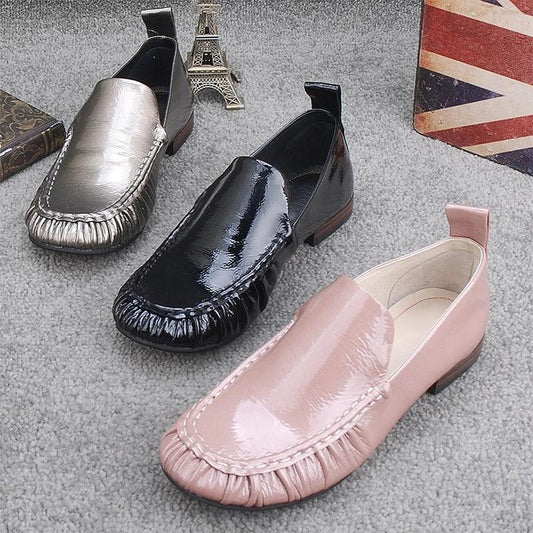 Women's Shallow Mouth Casual Shoes Peas Shoes Round Toe Flat Spring and Autumn Single Shoes British Style Leather Shoes Lazy Pedal Shoes